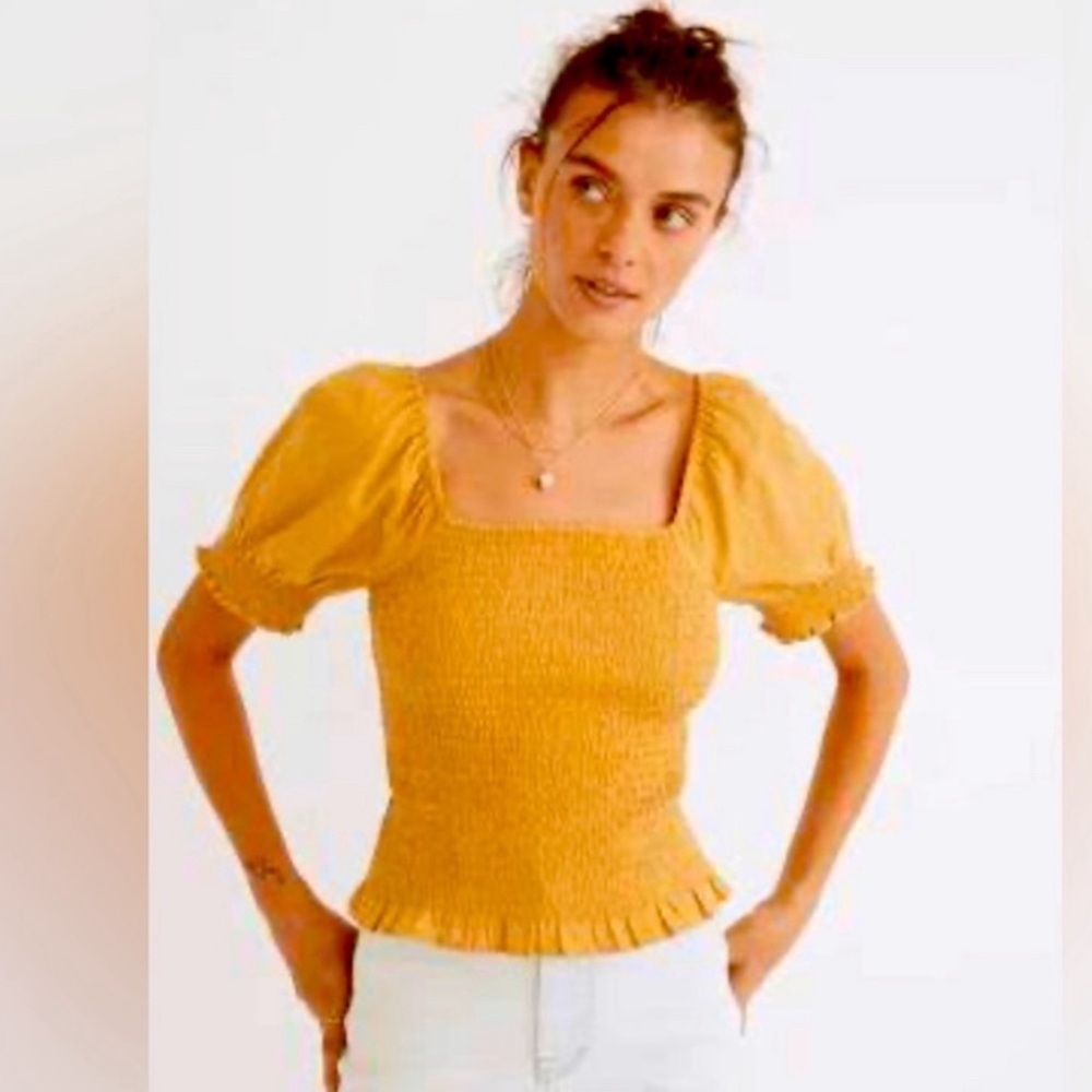 Madewell Lucie Puff-Sleeve Smocked Bodice Top Size Medium